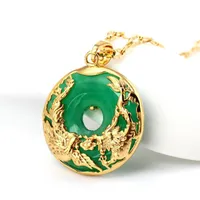 Hänge halsband drake phoenix green jade för kvinnor män etnisk retro stil zodiak djur lyckliga halsband mode smycken gåvorspendant