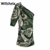 Willshela kadınlar vintage baskılı moda asimetrik elbise bir omuz yarım kollu bayan örtülü mini kısa elbiseler kadın 220509
