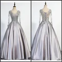 Elegant Plus Size Silver Evening Dresses Long 2020 New Long Sleeves Scoop Lace Up Floor Length Appliques Beading Real Picture Prom232N