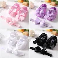 Soft Sole Flower Newborn Baby Girl Shoes Headband Set Lovely Princess Lace Bowknot Infant Non Slip First Walker