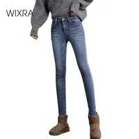 Wixra Basic Mulheres Jeans Lápis Calças De Veludo Inverno Feminino Streetwear Vintage Azul Cintura Alta Cintura Femme Calças Denim 220418