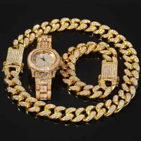 Hip Hop Rose Gold Chain Cuba Link Bracelet Colar Iced Out Quartz Watch Woman and Men Jewelry Set Gift