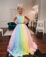 Rainbow Chiffon Little Girl Pageantドレス2022ストラップネックガールズProm GownsジッパーVバックノースリーブAラインロングキッズフォーマルパーティー誕生日Princess DD