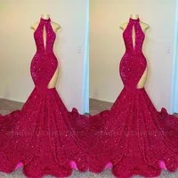 2022 Fuchsia High Neck Hollow Out side Sexy Prom Dresses Full Sequined Backless Evening Gowns BC13051