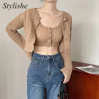 Women's Knits & Tees Cropped Women Cardigan And Camisole Set Autumn 2022 Korean Style Solid Button O Neck Knitted Sweater Cute Tank Top Summ