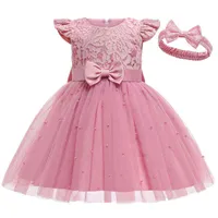 INS NEW CHILDLES souther Pearl Bow Pink Lace Bady Girls Princess Dress for Girls Party Puffy Dresses Send Headband J220519