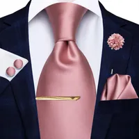 Bow Ties Rose Gold Solid Silk Wedding Tie For Men Handky Cufflink Flower Clip Gift Mens Necktie Fashion Business Party Dropshiping Hi-TieBow