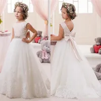 Princess Lace Scoop Neck Flower Girls Robe For Wedding Tulle Long Girls Pageant Robe Organza First Communion Dress Girls Party G266V