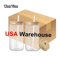 US Warehouse 2 Days Delivery 12oz 16oz Sublimation Glass Can Tumbler Frosted Cola Can Bamboo Lid Beer Cocktail Cup Whiskey Coffee Mug Iced Tea Jar