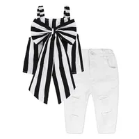 kids designer clothes 2019 Summer Baby Girls Outfits Girls Sets Plaid Clothing Shoulder-straps Bow Stripe Top Long Pants Child Out2766