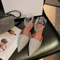 크기 35-42 여성을위한 슬링 백 신발 여름 PVC 발레 플랫 크리스탈 발목 스트랩 디자이너 신발 뾰족한 발가락 Zapatillas Mujer