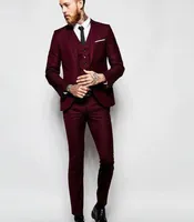 Knappe Bourgondische bruiloft Tuxedos Slim Fit -pakken voor mannen Groomsmen pak drie stukken prom Formal Suits Jacket broek Vest B0817G01