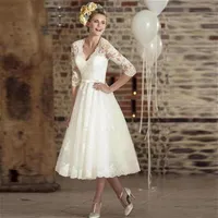 Vintage Deep V Neck Tea Length Shorts Applique Lace Beach Wedding Dress Sash Three Quarter Sleeve Sheer A Line Bridal Gowns Custom197f