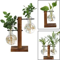 Terrarium hydroponiczne wazony rośliny vintage kwiatowy garnek przezroczysty wazon drewniana rama szklana rośliny stołowe domowe bonsai dekoracje 220714