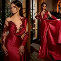 2022 Charming Red Formal Evening Dresses Beading Mermaid Party Dress Sexy Sheer Long Sleeves Ruched Satin Runway Prom Gowns Overskirt B0413