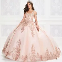 Rose Gold Quinceanera klänningar 2022 med pärlor snörning bollklänning prom klänningar korsett tillbaka vestido de festa sweet 16 klänning skräddarsydd b0726