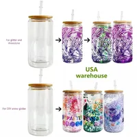 12oz 16oz 20oz Double Wall Glass Tumblers For Snow Globe Single Wall Sublimation Blanks Water Bottle Juice Soda Can Shaped Mugs with Bamboo Lid and Plastic Straws