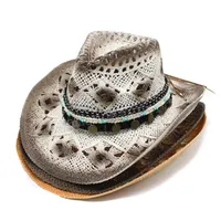 Hommes Femmes Chapeau de paille de soleil Nouveau Western Cowboy Cowgirl Hat Summer Hollow Out Beach Cap Panama Jazz Chapeaux Sombrero Hombre