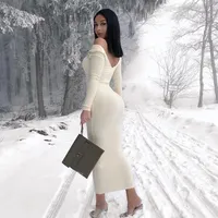 Newasia ogród żebrowane zima biała sukienka impreza body koncert sukienka kobiety elegancka długa sukienka midi chude seksowne sukienki