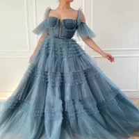 2022 Sexy Spaghetti Straps Prom Dress A Line Tiered Ruffles Backless Party Party Evening Wear Dronsrase Dronses BC13071