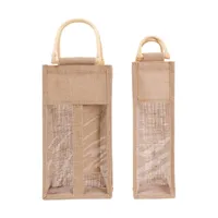 Vintage Jute Wine Bottle Bag with Clear Window Double Handles Champagne Burlap Purse Packaging Handbag Organizer Shopping Bag 220609