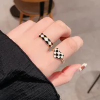 Fashion Minority Design Black and White Chessboard Plaid stones Ring Korean Style High Sense Dripping Heart-Shaped Open Ring Vintage Women