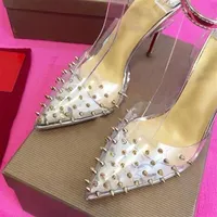 NEW High heels Genuine leather Woman pumps Crystal Woman High Heels Pointed toe Rivet Wedding Shoes Full Original Packaging2314