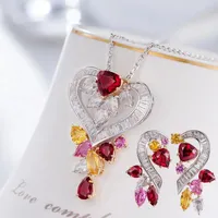 Earrings & Necklace High-end Jewelry Sets For Women Trendy Red Love Heart Colored Crystal Necklaces Engagement Silver Color Fashion