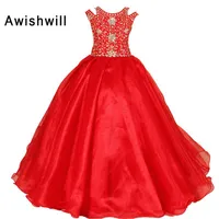 Girl's Dresses 2022 Arrival Little Girls Pageant Dress Red Color Ball Gowns Beadings Organza Flower Girl Brithday Party