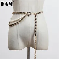 [EAM] PU Leather Red Black Metal Chain Cintura lunga Personalità Donne Fashion All-Match Spring Autumn 1DA526 220509