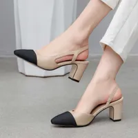 2022 Paris Classic Luxury Designer Hit Summer Sandals Women Slingbacks High Heels Fashion Low Thick Heel Shoes Leather Mixed Colors Pumps Ladies Topselling