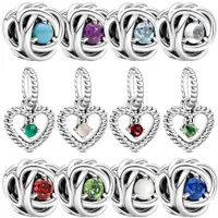 Nieuwe populaire 100% 925 Sterling Silver Twaalf maanden Geboortesteen hart Eeuwige Charm -kralen Hanger voor originele Pandora Bracelet Women Sieraden