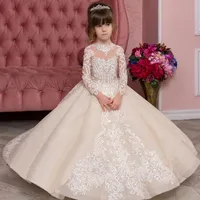 2022 Princess Champagne Flower Girl Dresses Vintage Long Sleeve Sheer Crew Neck Appliques Ruched Tulle Cute Girl Formal Party Gowns Pageant Wears BC12715 C0526X2
