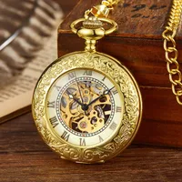 Pocket horloges vintage goud bronzen mechanisch horloge hand wikkelende skelet skelet Romeinse cijfers Dial Fob Chain Clock voor mannen drop
