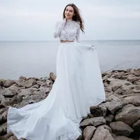 Other Wedding Dresses Two Pieces Beach Lace Chiffon A-Line Elegant Bridal Gowns Boho Vintage Long Sleeves Sweep Train Vestido De NoviaOther