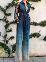 Kobiety Jumpsuits Rompers Elegancki guziki połysk patchwork kombinezon moda lapel koronkowe u dany biuro romper vintage high street Slim Pocket