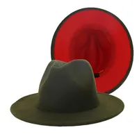 New Outer Army Green Inner Red Patchwork Wool Blend Vintage Men Women Fedora Hats Trilby Floppy Jazz Belt Buckle Felt Sun Hat273k
