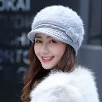 Winter Bow faux kanin päls hattar damer öronflap stickade kepsar kvinnlig varm förtjockad hink hatt