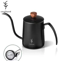 SOULHAND 600Ml Stainless Steel Coffee Kettle Gooseneck Cafe Pot Spout Teapot with Thermometer Pour-Over Drip Kettle Swan Neck 220527