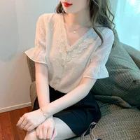 Camas de blusas femininas Camisa de chiffon de verão, vestido de manga curta feminina Lace V Woman Elegant Top Top Topbluson Mujer de Moda 01
