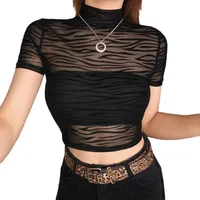 T-shirt Femme 2022 Trend de la mode Femme Casual Culture Sexy Crop Tops Noir Zebra Stripe Motif Turtleneck Sleeve Court Vee à travers Tee