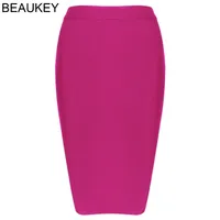 BEAUKEY Fuchsia Women HL Bandage Skirt Solid Wear To Work For Lady Fashion Knee Length Bodycon Plus Size XL 220317