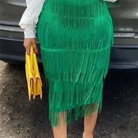 Зеленая бахрома Bodycon карандаш юбки кисточек высокая талия женская растяжка ножна MIDI длины дамы тонкий Jupe Saias Faldas большой размер 220402