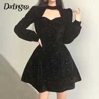 Darlingaga Vintage Moda Bling Kadife Balo Parti Elbise Kadın Puf Kollu Kesim Mini Siyah Elbiseler Kemer Yay Kore Slim
