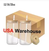 US Warehouse 12 onças 16oz 25oz Sublimação Canecas de cerveja de vidro Garrafa de água de vidro pode beber copos com tampa de bambu e palha reutilizável Tumblers de café gelado f0507