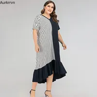 Plus Size Dresses Summer Woman 2022 Loose Casual Elegant For Women Striped Patchwork Ruffles Evening Dress 4xlPlus