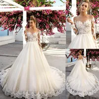Eye-catching scalloped lace Applique romantic Wedding Gowns with long sleeves Champagne Bridal Dress with Illusion Back Gowns275k