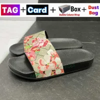 2022 Designer Slides Mens Womens Slippers with Original Box Dust Bag Bloom Flowers Printing Leather Web Black Shoes Fashion Luxury Summer008 Dark Green Pu