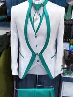 Men&#039;s Suits & Blazers Brand Men Ivory And Turquoise Groom Tuxedos Mandarin Lapel Groomsmen 3 Pieces Set ( Jacket + Pants Vest Tie) D384