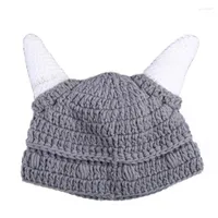 Berets Adult Kids Handmade Crochet Knitted Beanie Hat Cute Funny Ox Horn Parent-Child Barbarian Viking Stretchy Skullies CapBerets Pros22
